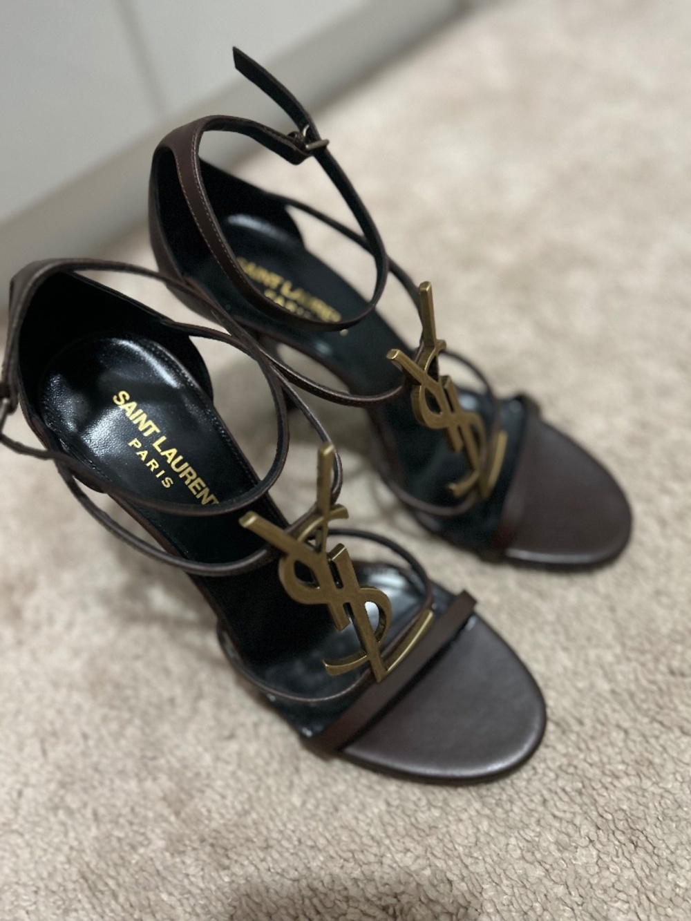 Saint Laurent Cassandra 100 Brown Leather YSL Logo Sandals – Size EU 38 / US 8